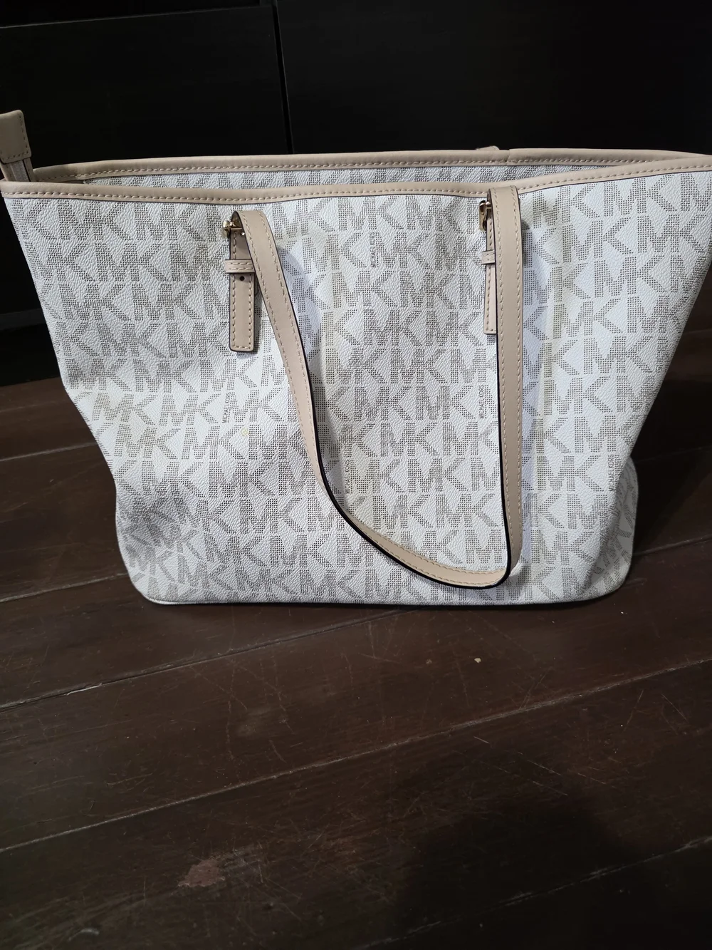 Michael Kors Beige and White Logo Tote with Gold MK Charm